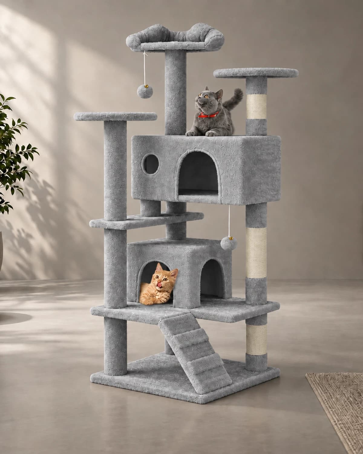 54-Inch Multi-Level Cat Tree Tower with Dual Condos – Light Gray